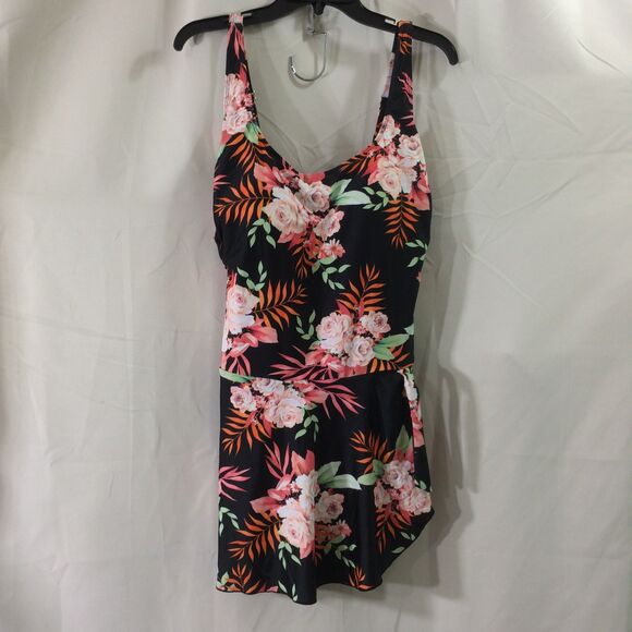 Eomenie Swim Dress 2XL Floral Black Pink One Piece Swimsuit Adjustable Straps - Picture 4 of 7